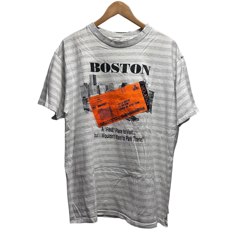 Vtg Boston 90's Men's 2XL Single Stitch T-Shirt Parking Ticket Striped Delta USA